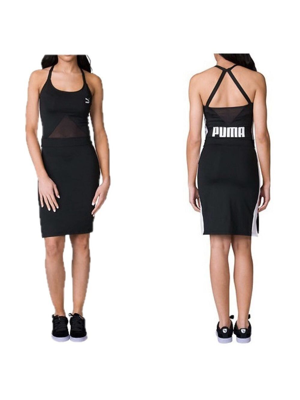 Puma Black Archive T7 Halter mesh mini bodycon Dress Sz S athletic sporty